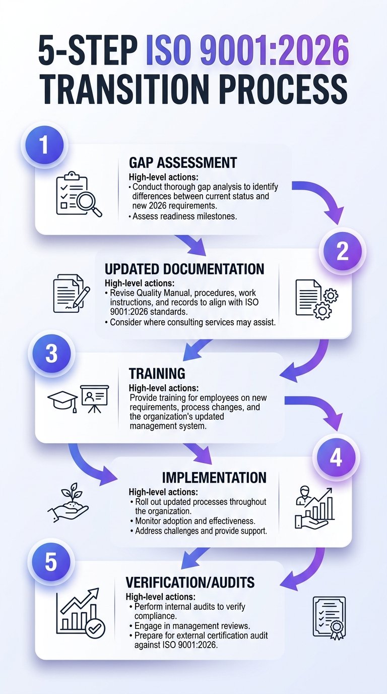 Infographic: 5-step ISO 9001:2026 transition process — gap assessment, documentation updates, training, implementation, and verification audits
